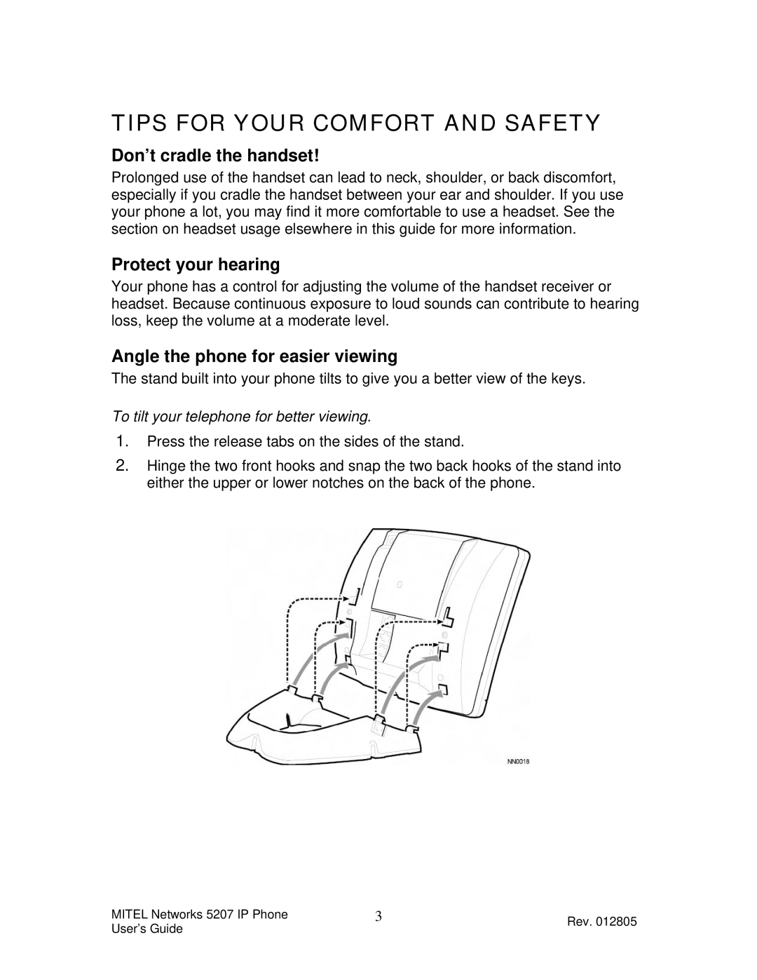 Mitel 5207 manual Tips for Your Comfort and Safety, Don’t cradle the handset, Protect your hearing 