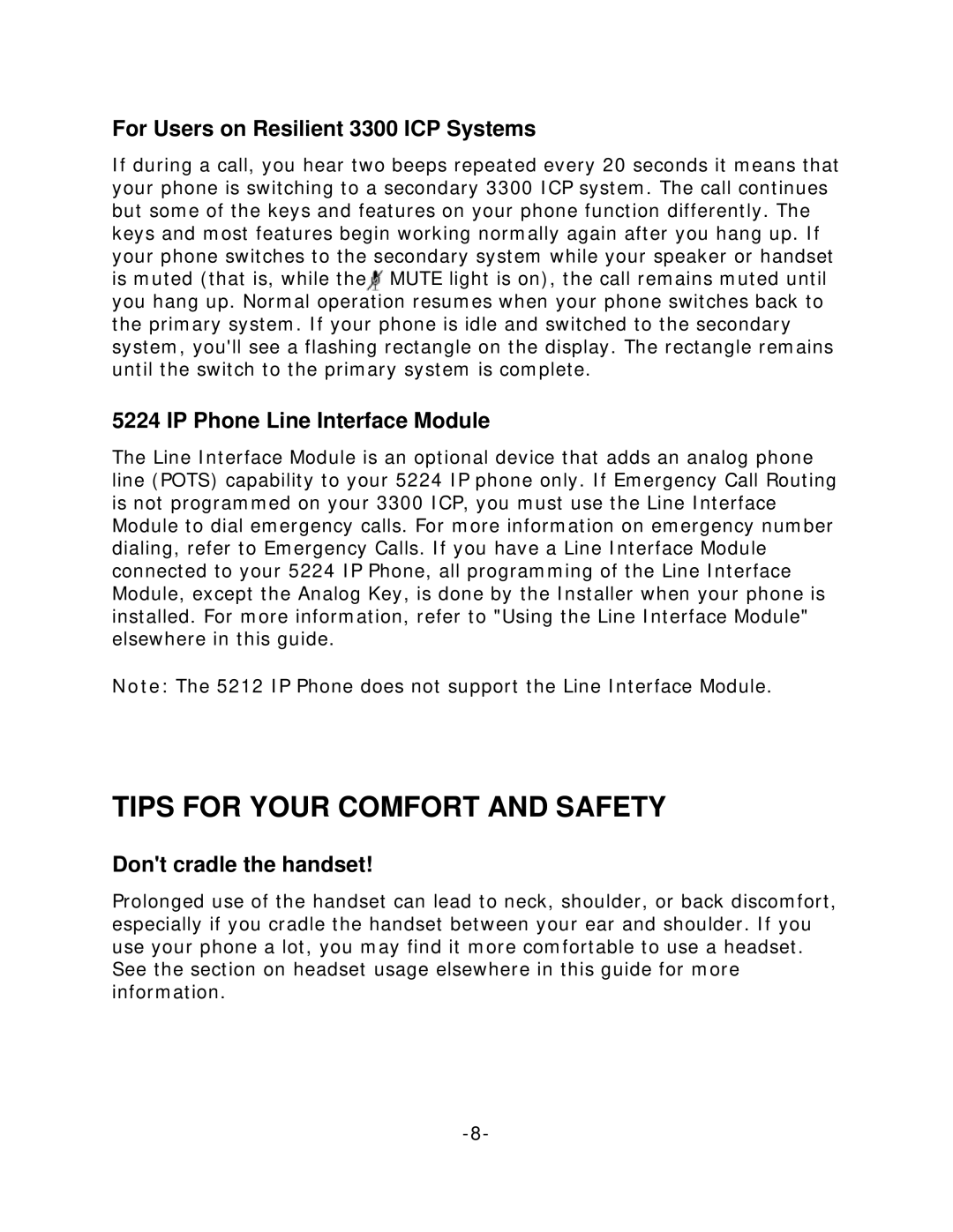 Mitel 5212/5224 Tips for Your Comfort and Safety, For Users on Resilient 3300 ICP Systems, IP Phone Line Interface Module 