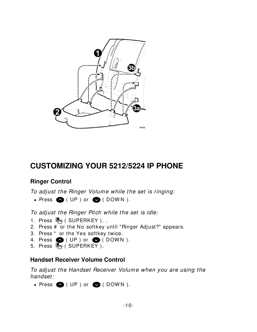 Mitel manual Customizing Your 5212/5224 IP Phone, Ringer Control, Handset Receiver Volume Control 