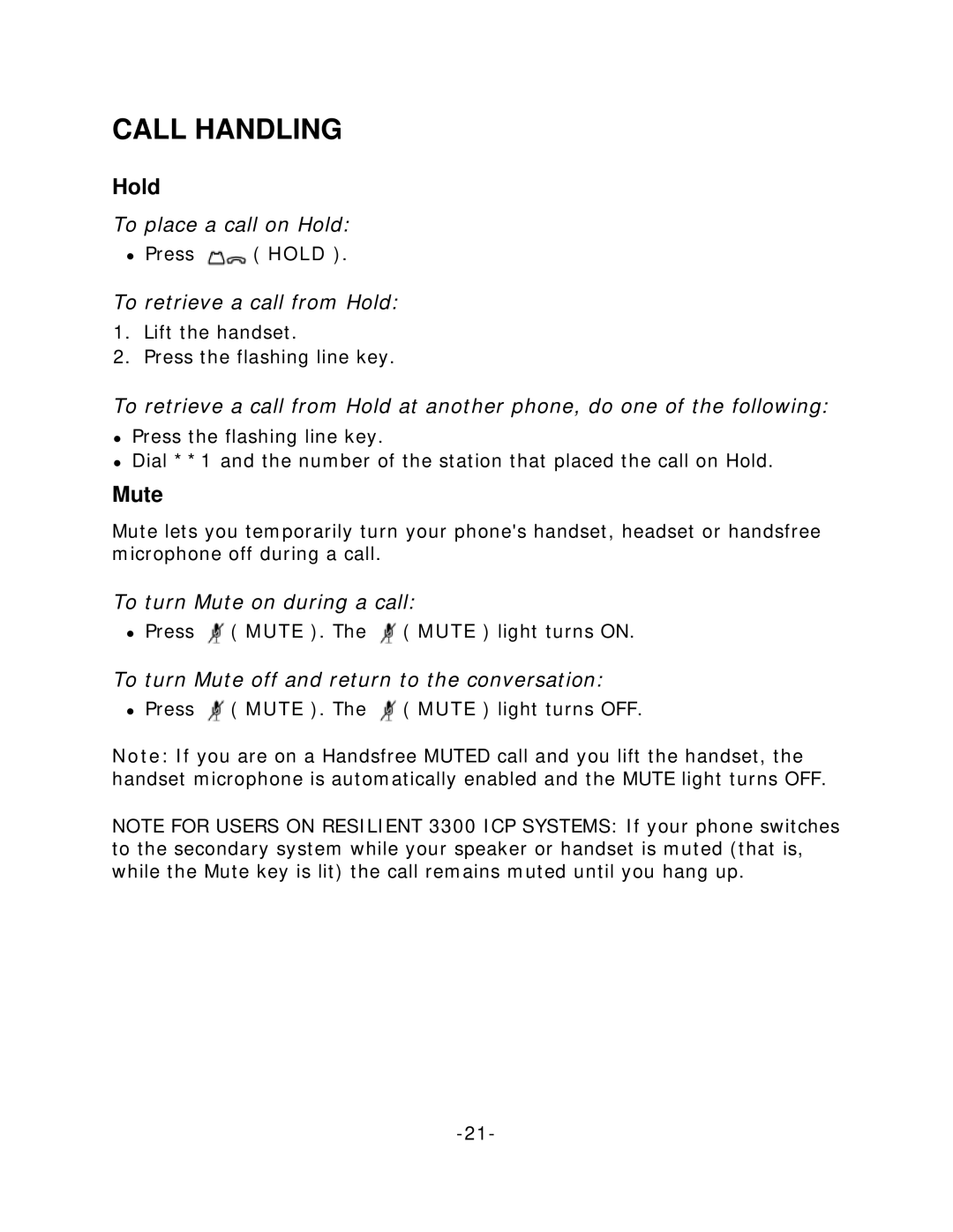 Mitel 5212/5224 manual Call Handling, Hold, Mute 