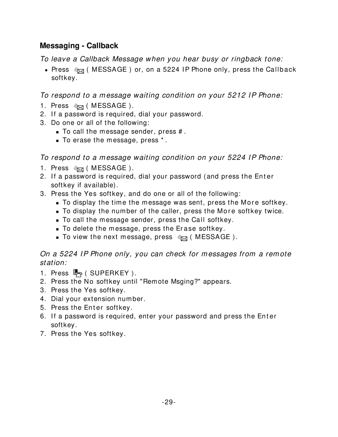 Mitel 5212/5224 manual Messaging Callback 