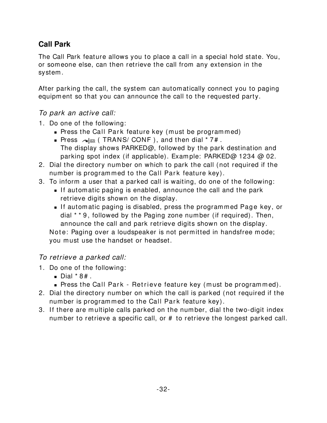 Mitel 5212/5224 manual Call Park, To park an active call, To retrieve a parked call 