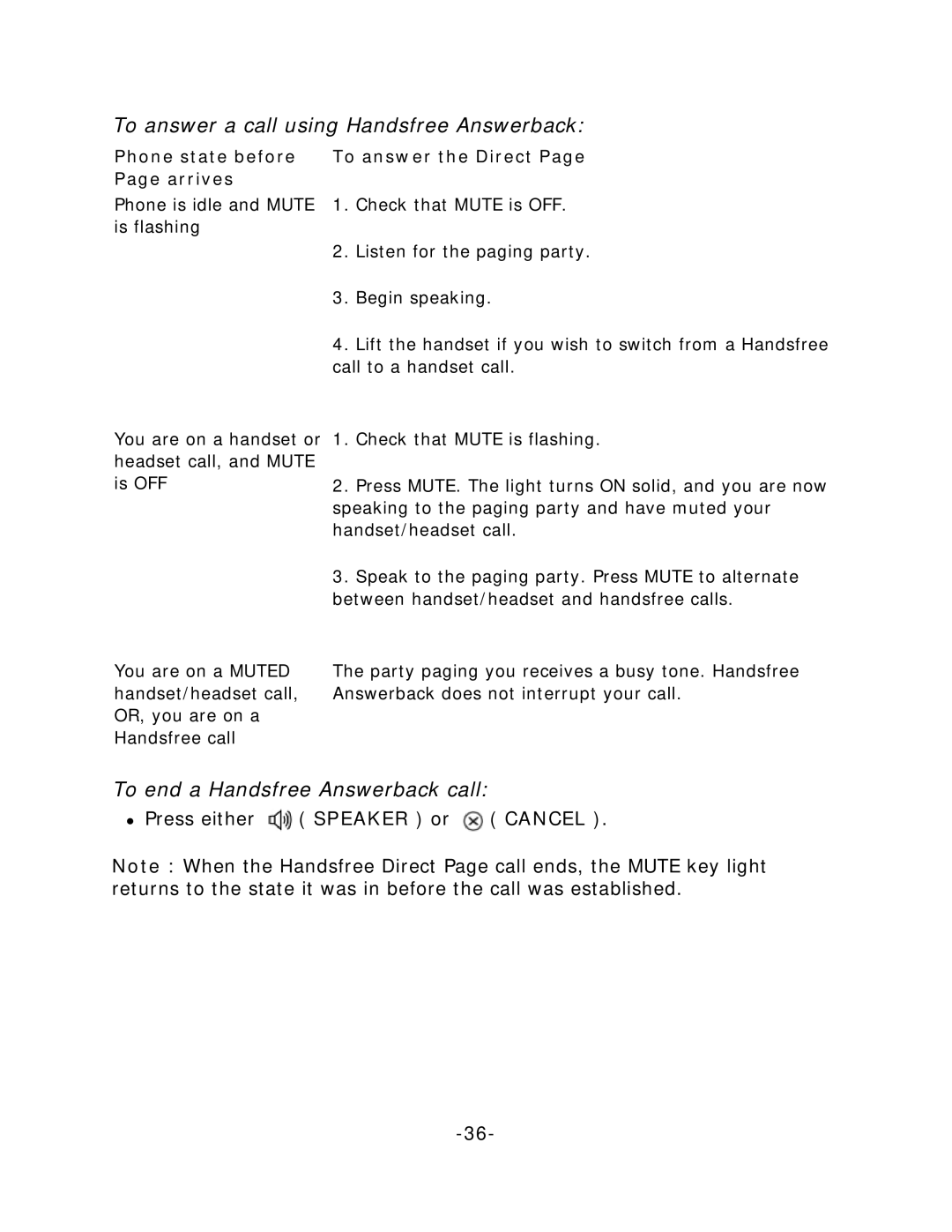 Mitel 5212/5224 manual To answer a call using Handsfree Answerback, To end a Handsfree Answerback call 