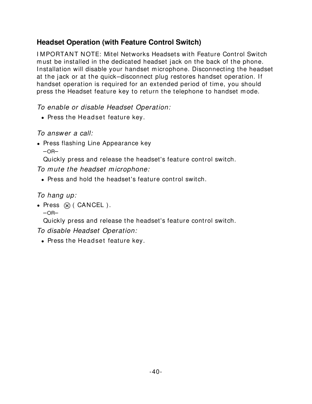 Mitel 5212/5224 Headset Operation with Feature Control Switch, To enable or disable Headset Operation, To answer a call 