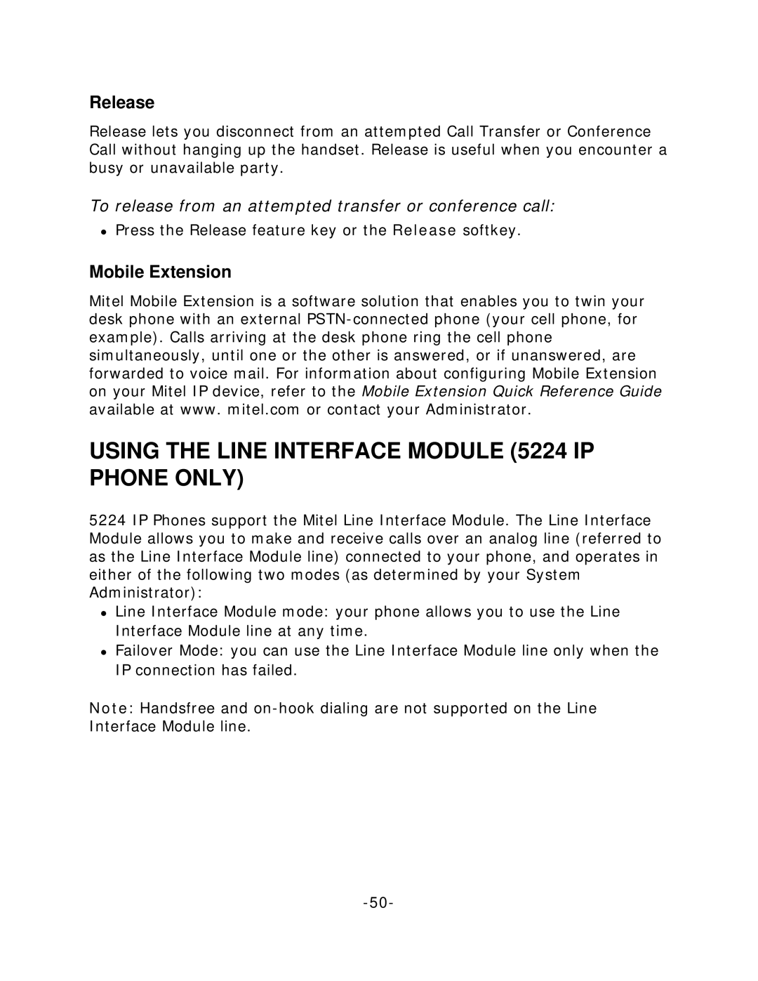 Mitel 5212/5224 manual Using the Line Interface Module 5224 IP Phone only, Release, Mobile Extension 