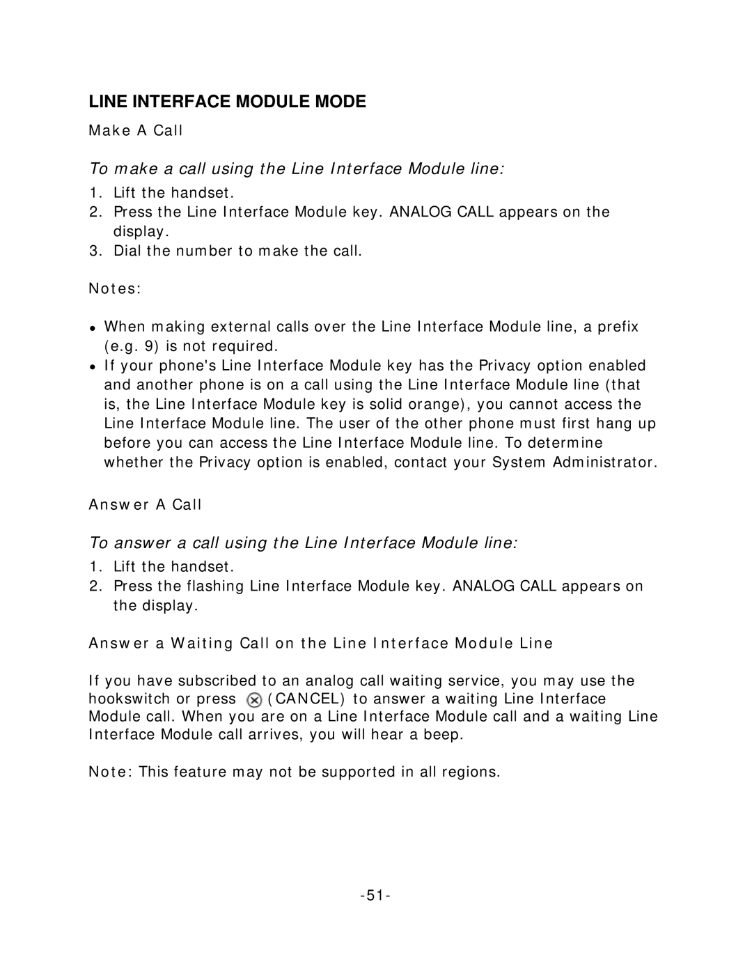 Mitel 5212/5224 To make a call using the Line Interface Module line, To answer a call using the Line Interface Module line 