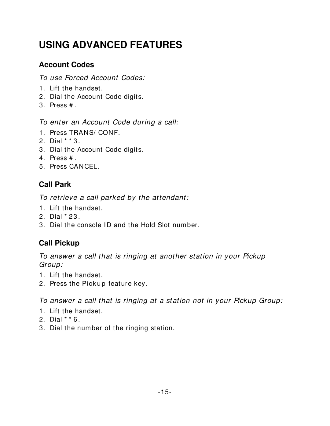 Mitel 5215 manual Using Advanced Features, Account Codes, Call Park, Call Pickup 