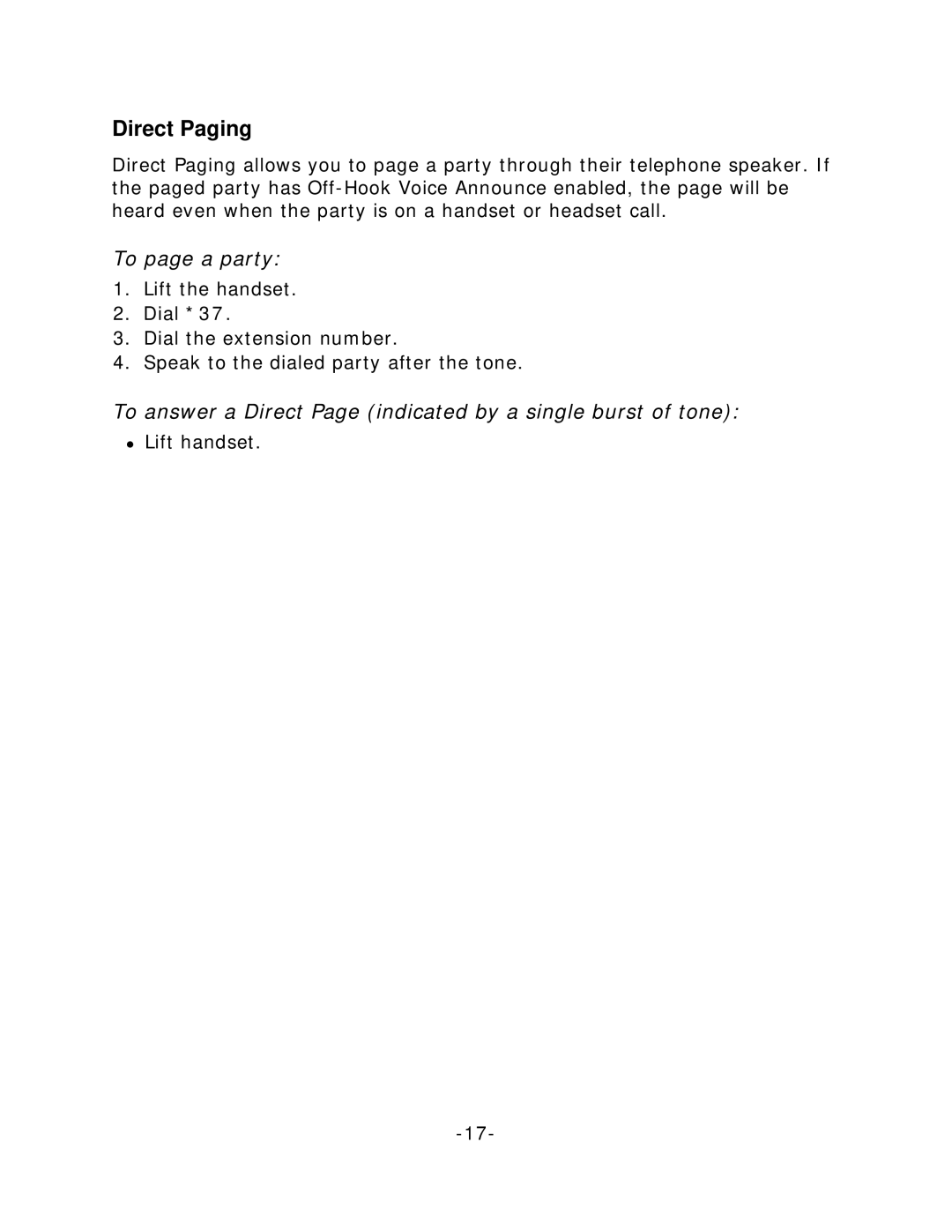 Mitel 5215 manual Direct Paging, To page a party, To answer a Direct Page indicated by a single burst of tone 