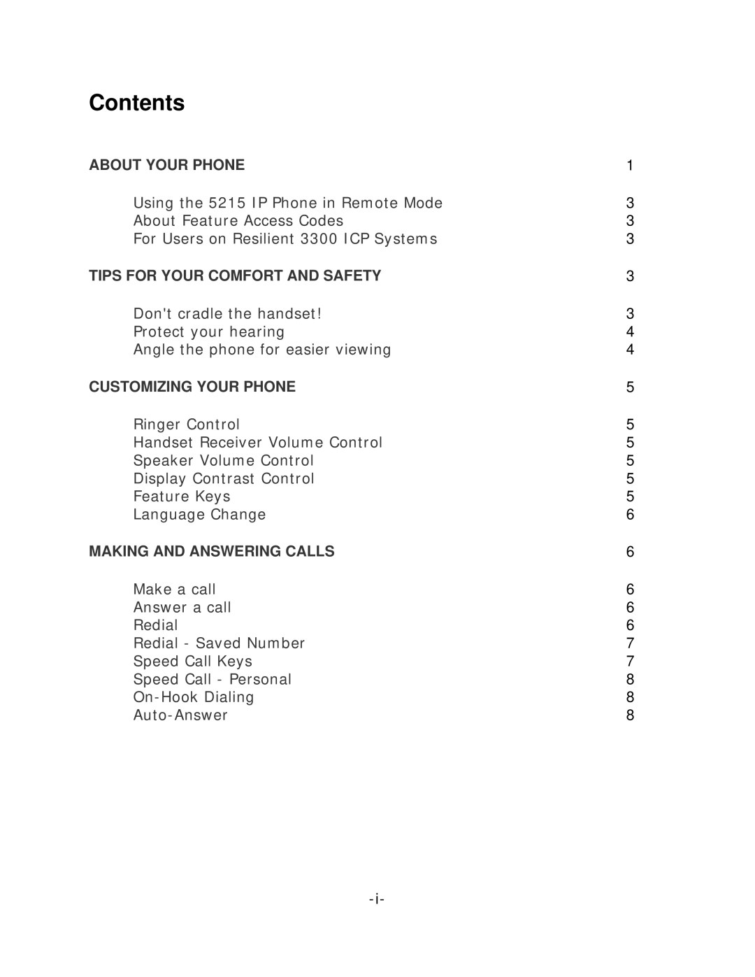 Mitel 5215 manual Contents 