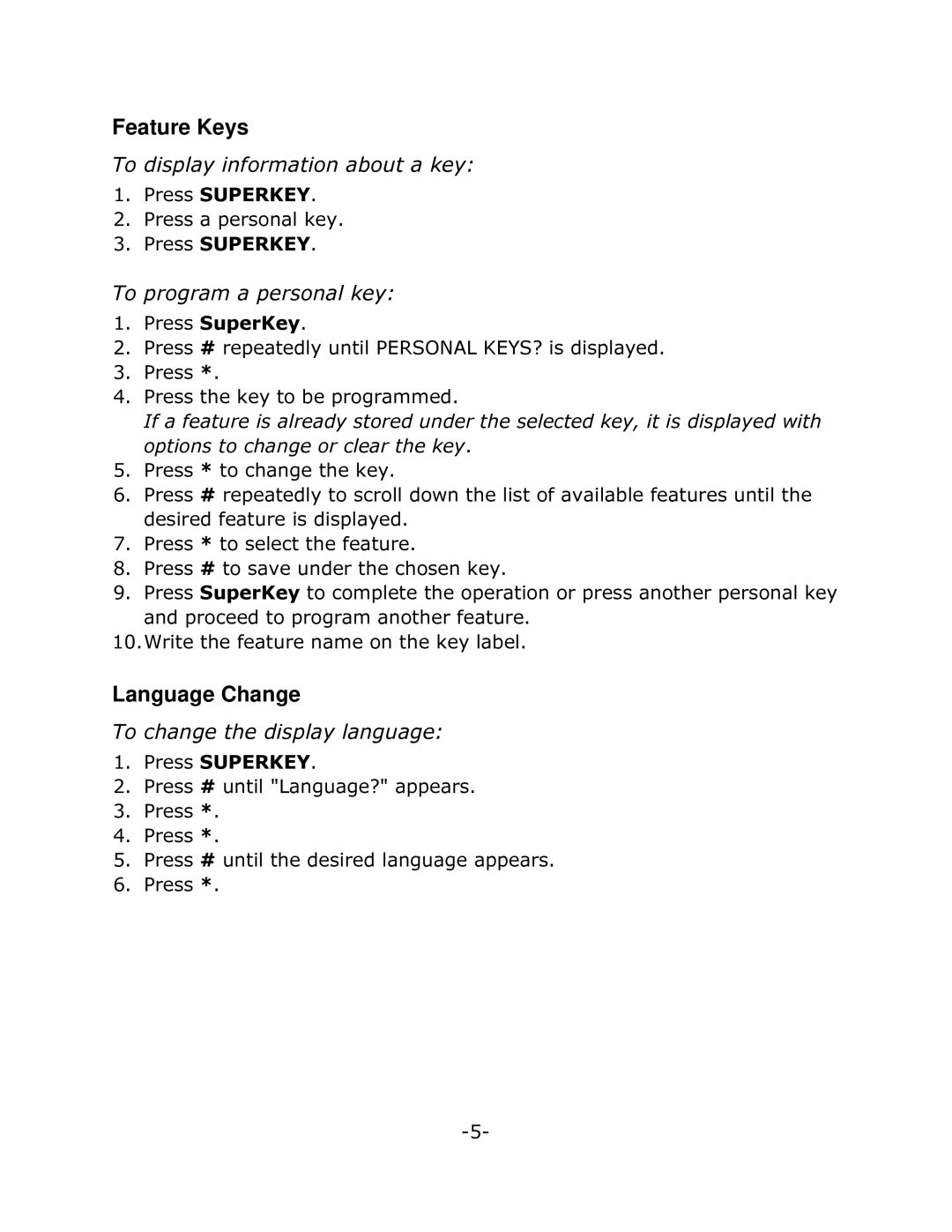 Mitel 5215 Feature Keys, Language Change, 7RGLVSOD\LQIRUPDWLRQDERXWDNH, 7RSURJUDPDSHUVRQDONH, 7RFKDQJHWKHGLVSOD\ODQJXDJH 