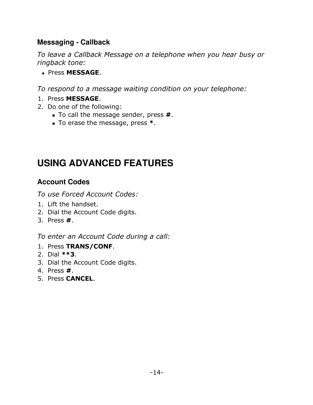 Mitel 5215 manual Using Advanced Features, Messaging Callback, Account Codes, 7RXVHRUFHG$FFRXQW&RGHV 