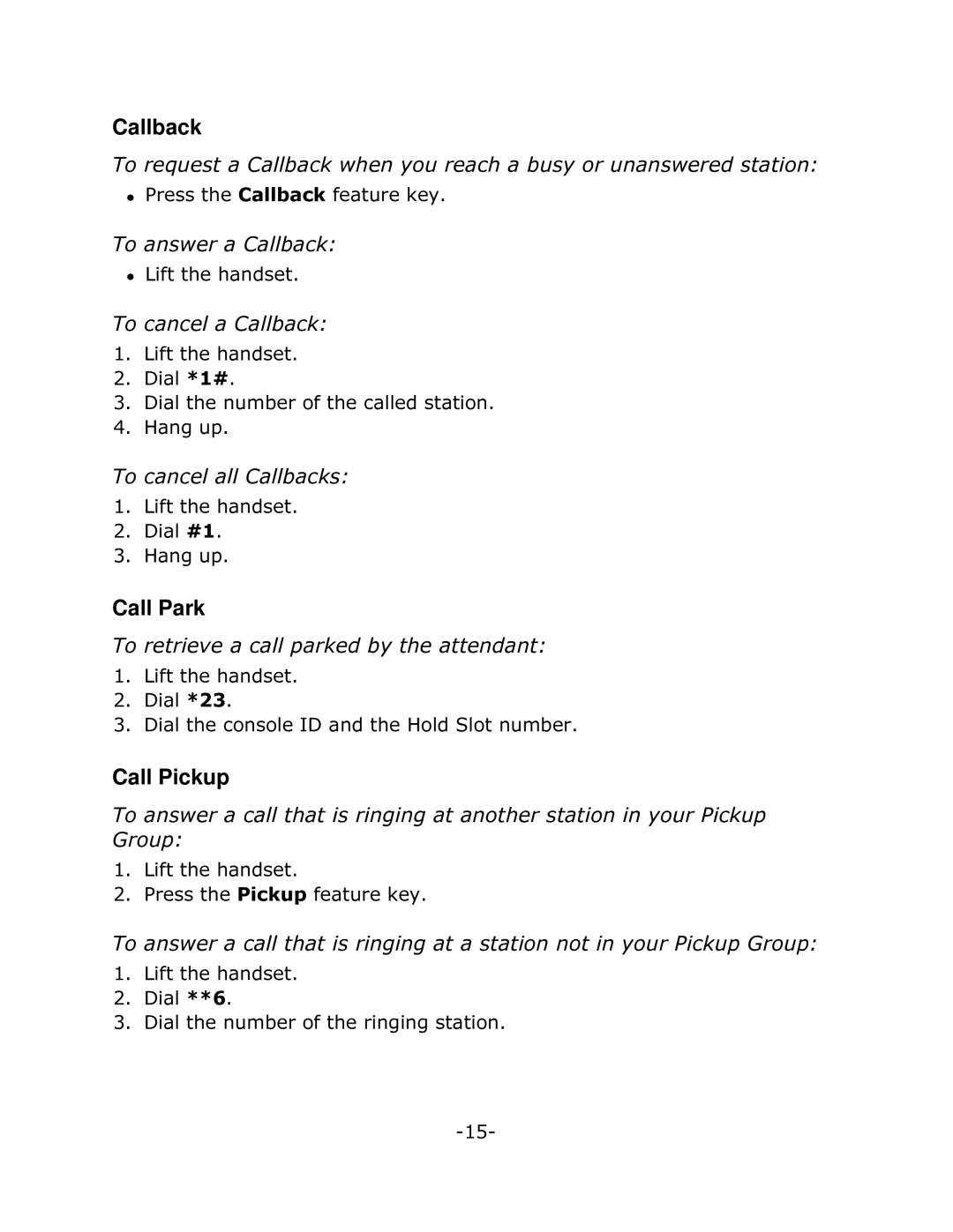 Mitel 5215 manual Callback, Call Park, Call Pickup 