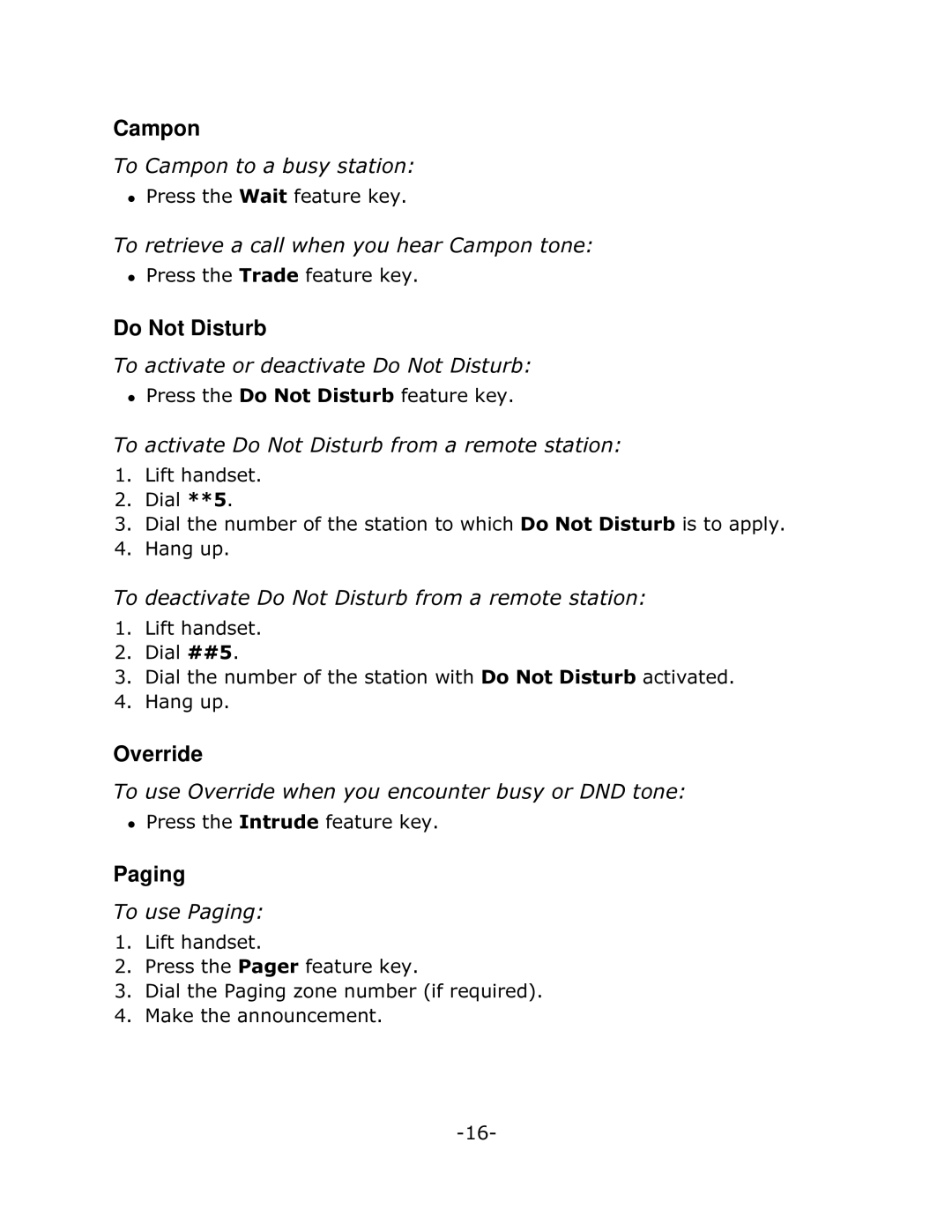 Mitel 5215 manual Campon, Do Not Disturb, Override, Paging 