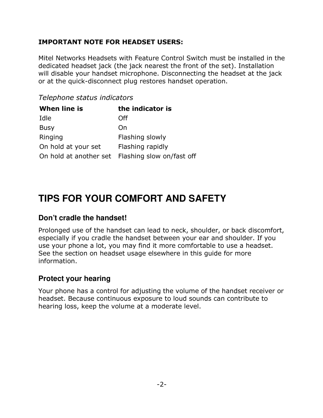 Mitel 5215 Tips for Your Comfort and Safety, Don’t cradle the handset, Protect your hearing, 7HOHSKRQHVWDWXVLQGLFDWRUV 