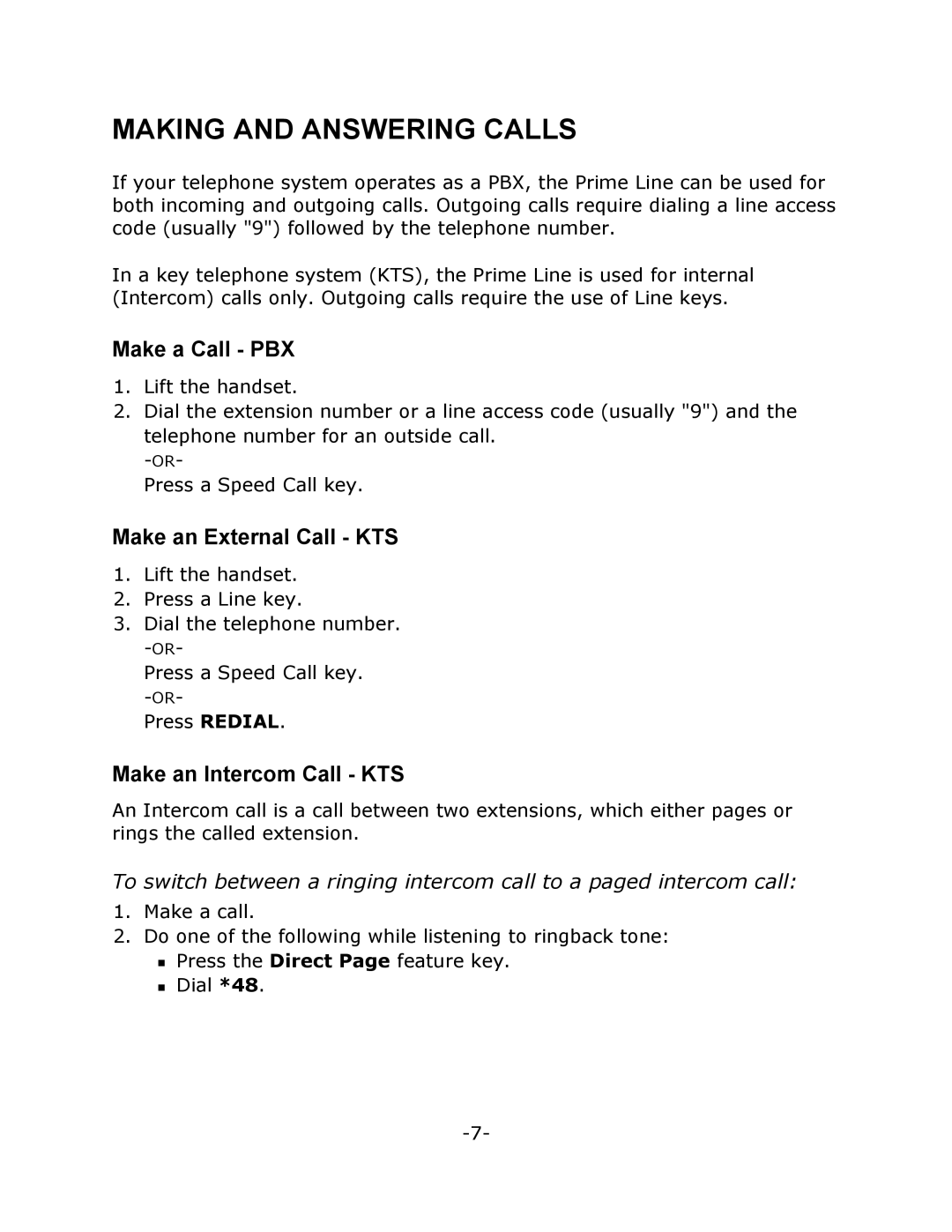 Mitel 5215 manual Making and Answering Calls, Make a Call PBX, Make an External Call KTS, Make an Intercom Call KTS 