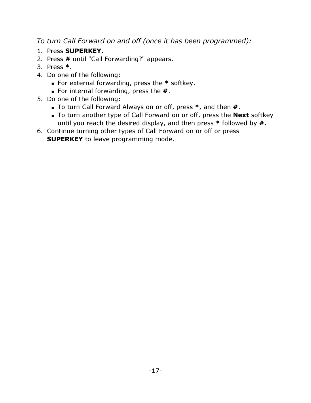 Mitel 5215 manual To turn Call Forward on and off once it has been programmed 