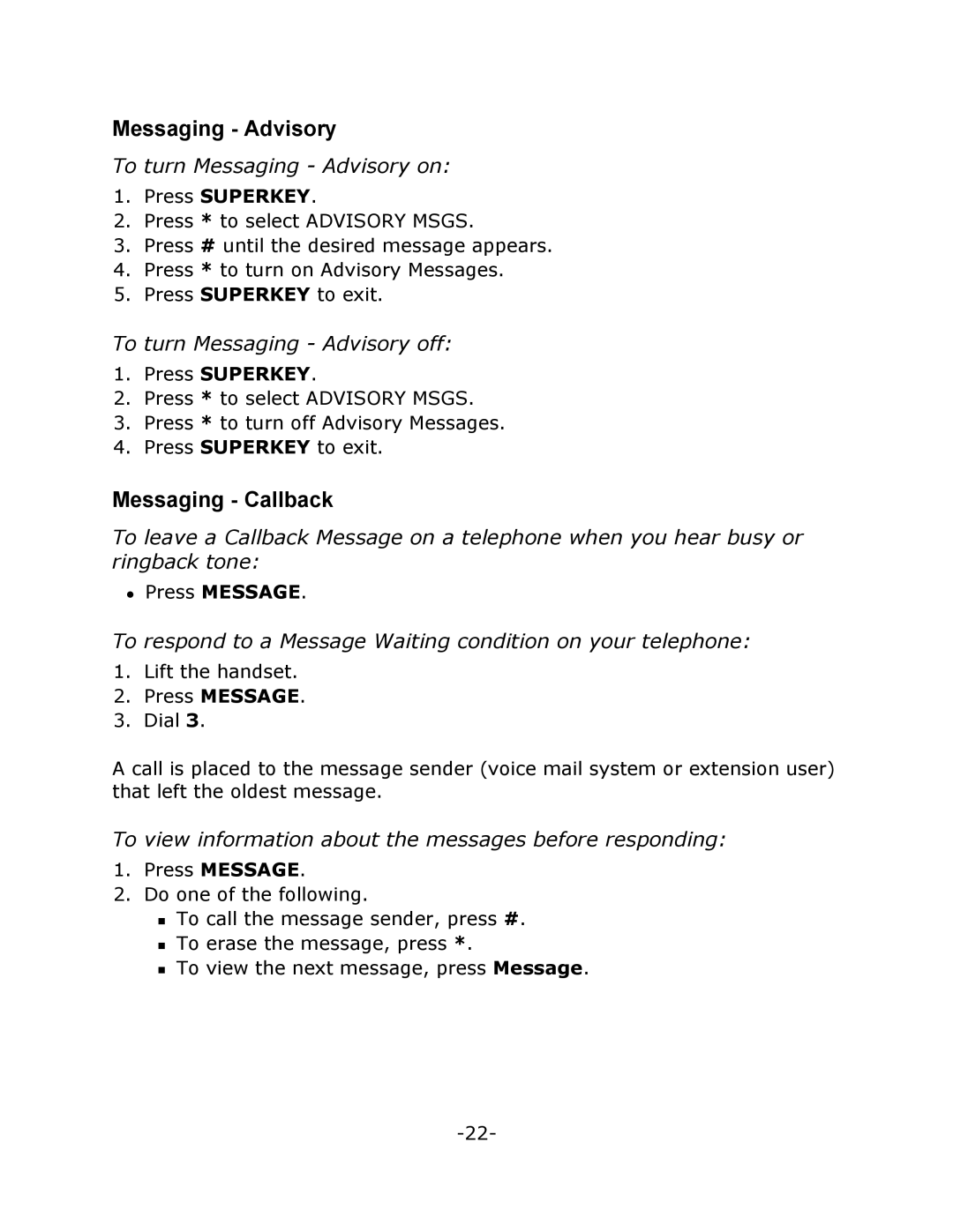 Mitel 5215 manual Messaging Advisory, Messaging Callback 