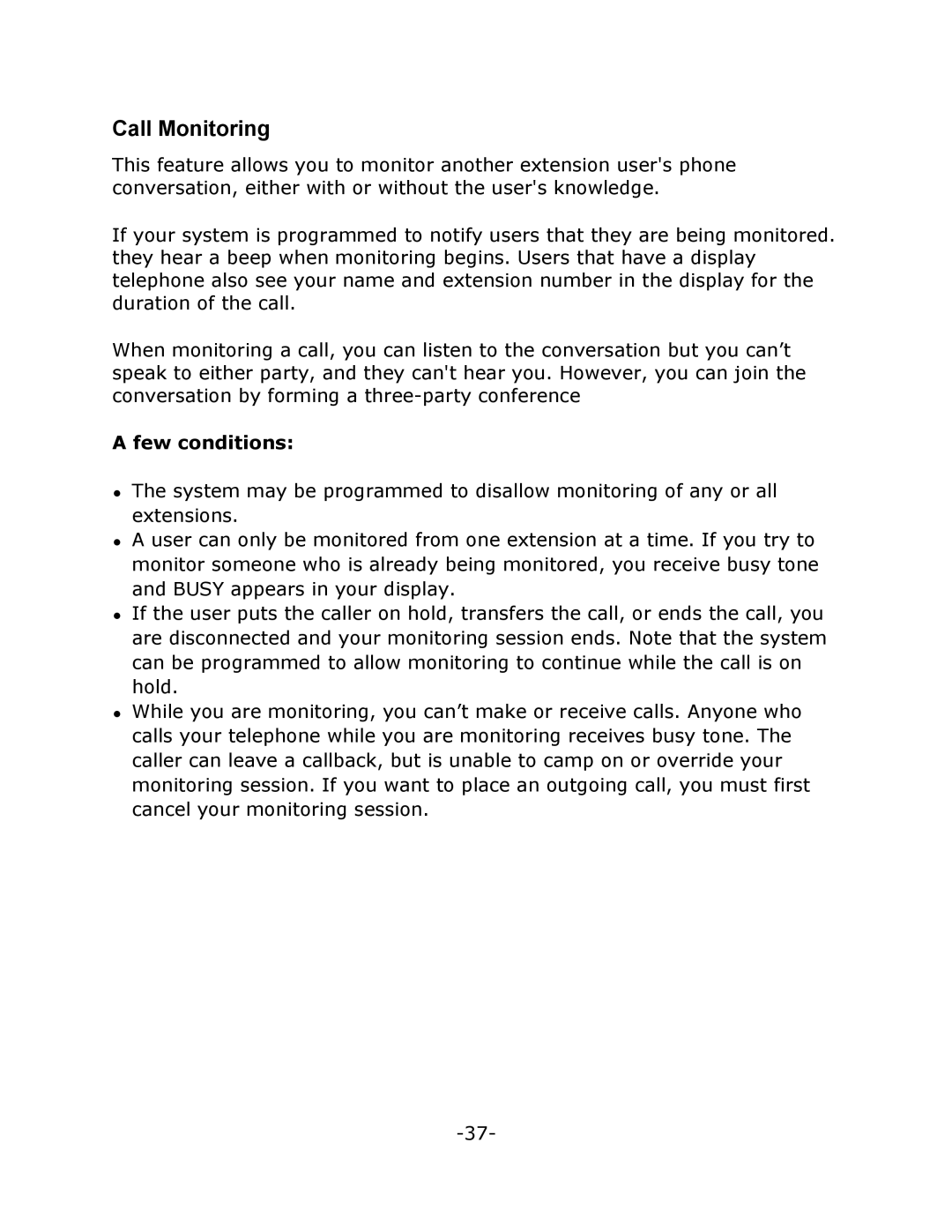 Mitel 5215 manual Call Monitoring, Few conditions 