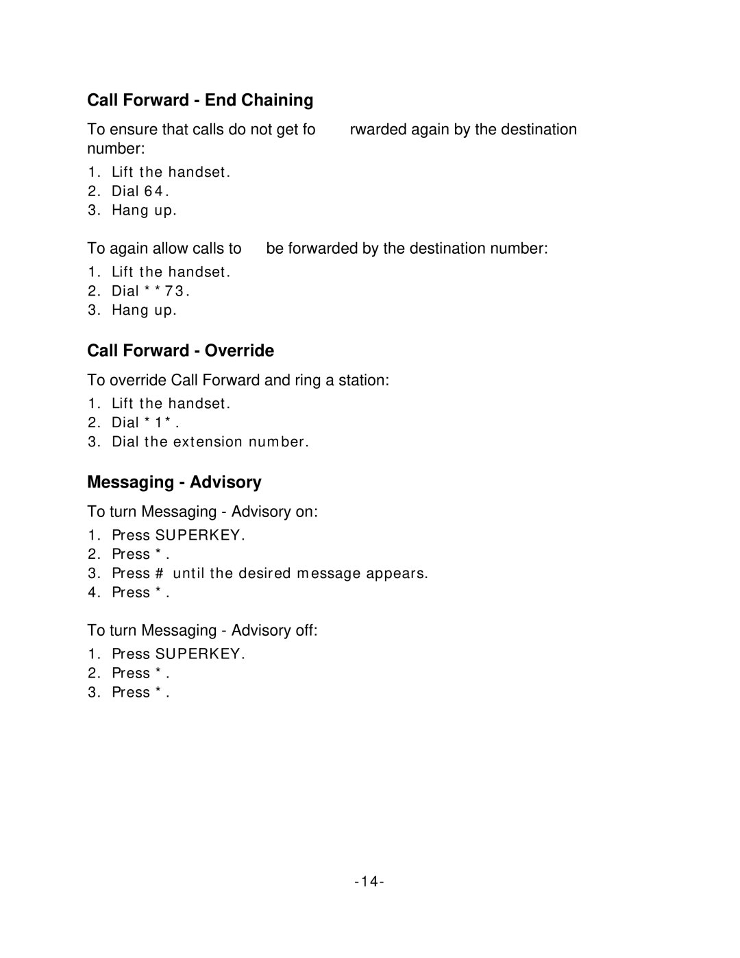 Mitel 5215 manual Call Forward End Chaining, Call Forward Override, Messaging Advisory 