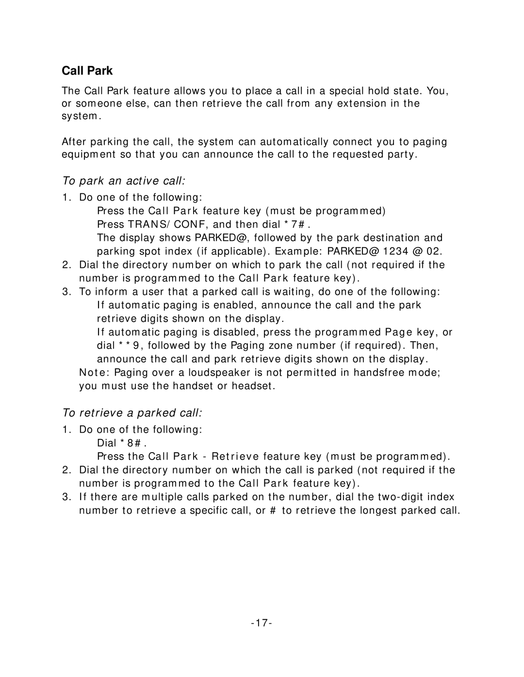 Mitel 5215 manual Call Park, To park an active call, To retrieve a parked call 