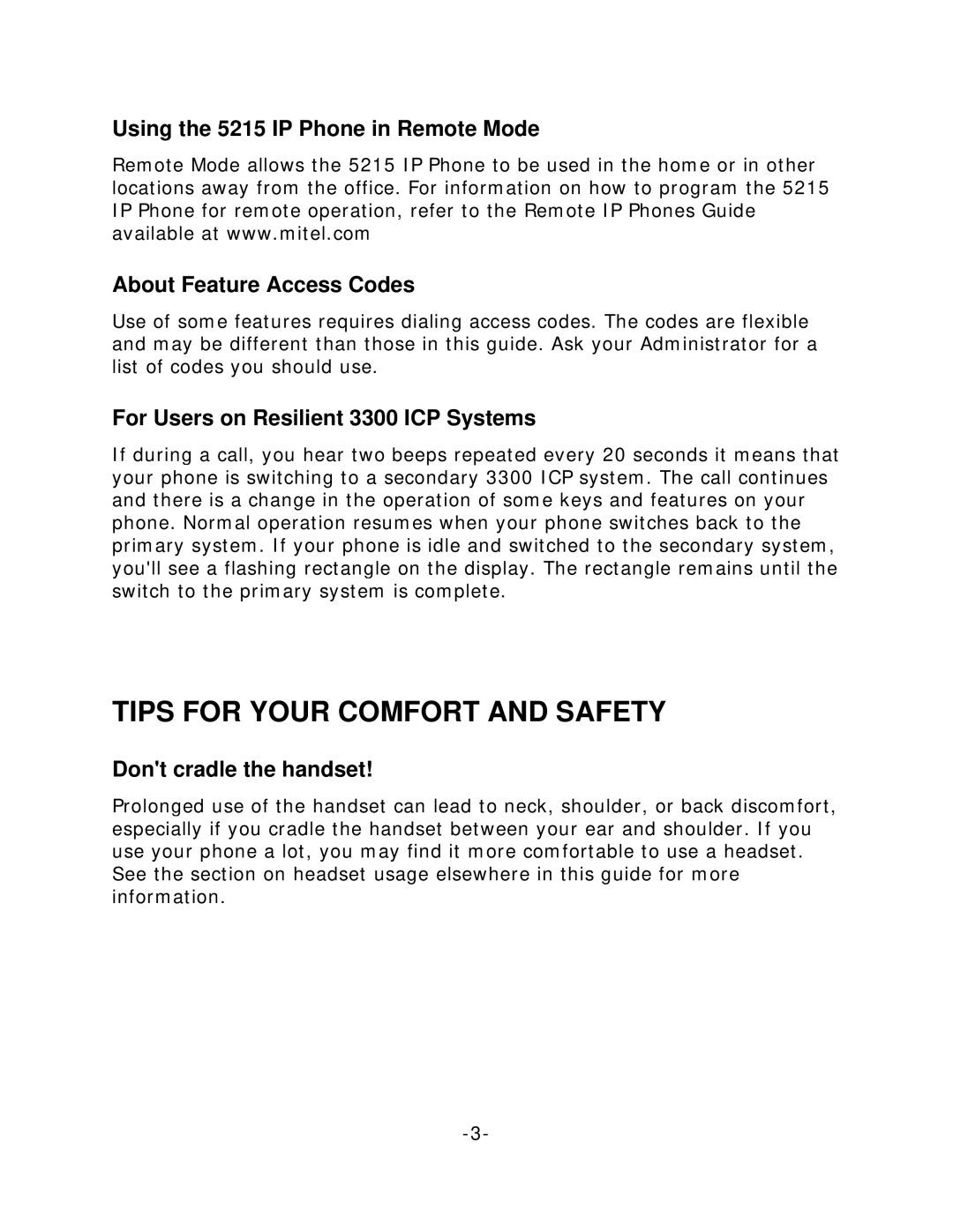 Mitel 5215 manual Tips for Your Comfort and Safety, For Users on Resilient 3300 ICP Systems, Dont cradle the handset 