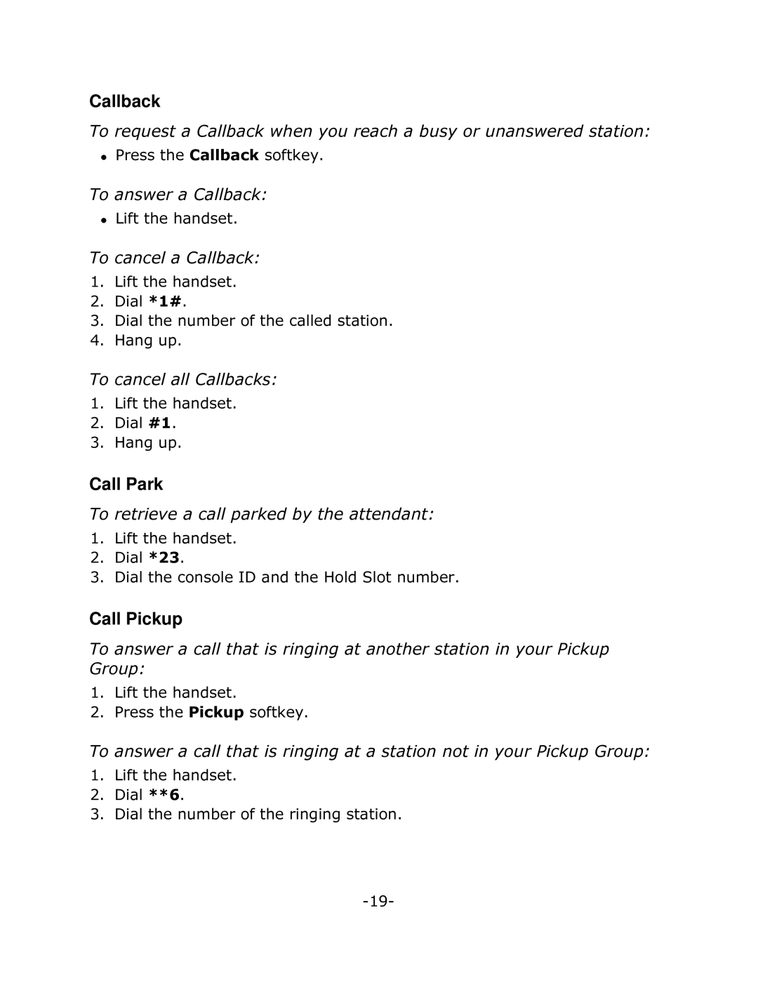 Mitel 5220 manual Callback, Call Park, Call Pickup 