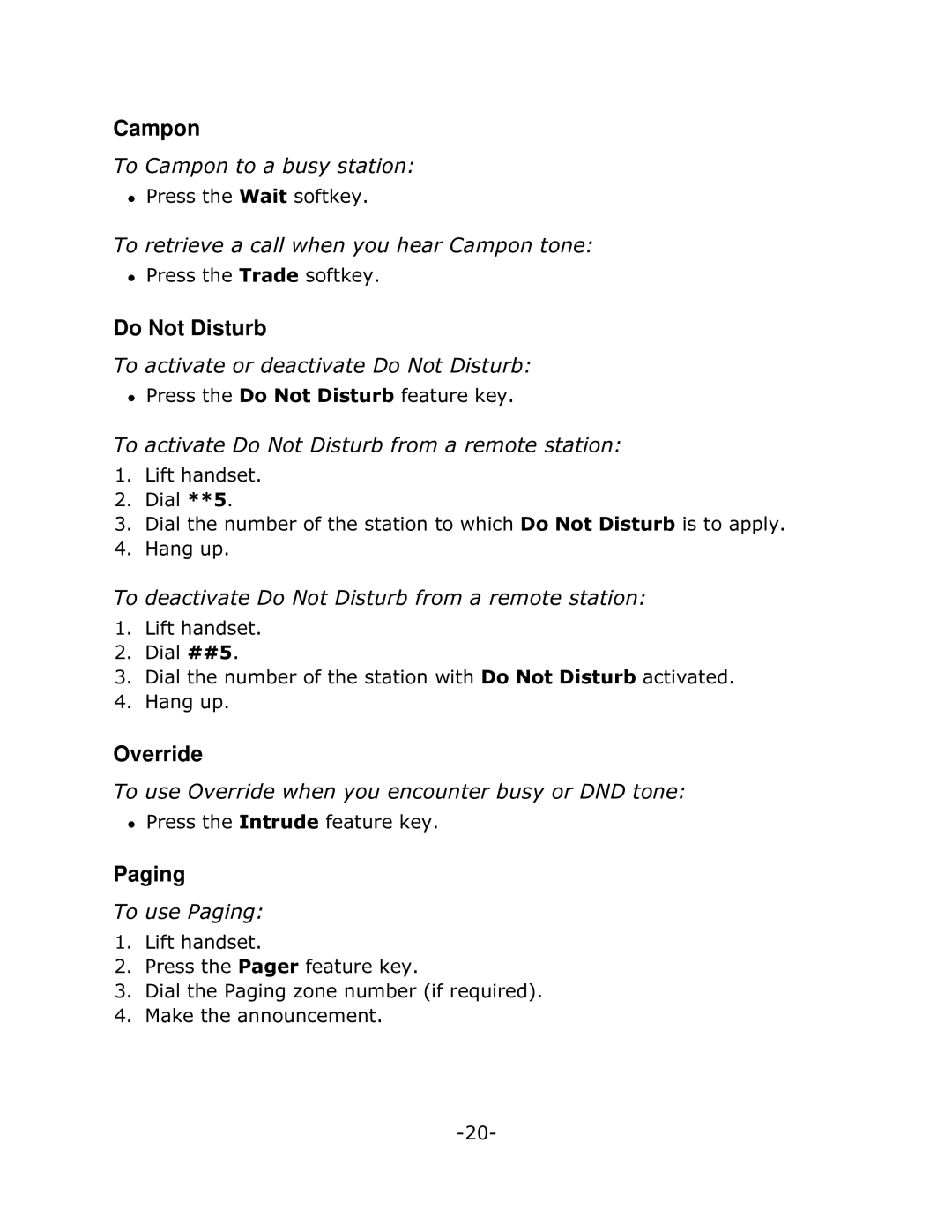 Mitel 5220 manual Campon, Do Not Disturb, Override, Paging 