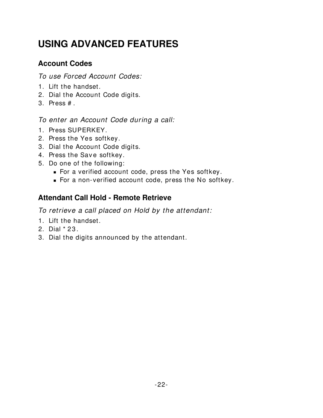 Mitel 5220 manual Using Advanced Features, Account Codes, Attendant Call Hold Remote Retrieve 