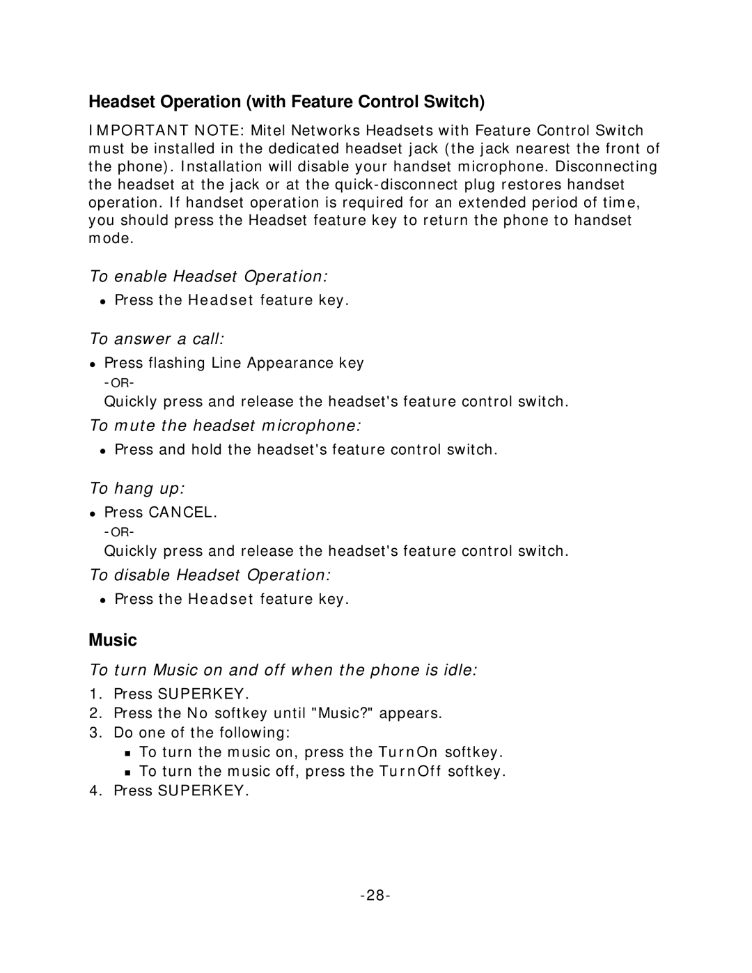 Mitel 5220 manual Headset Operation with Feature Control Switch, Music, To answer a call, To mute the headset microphone 