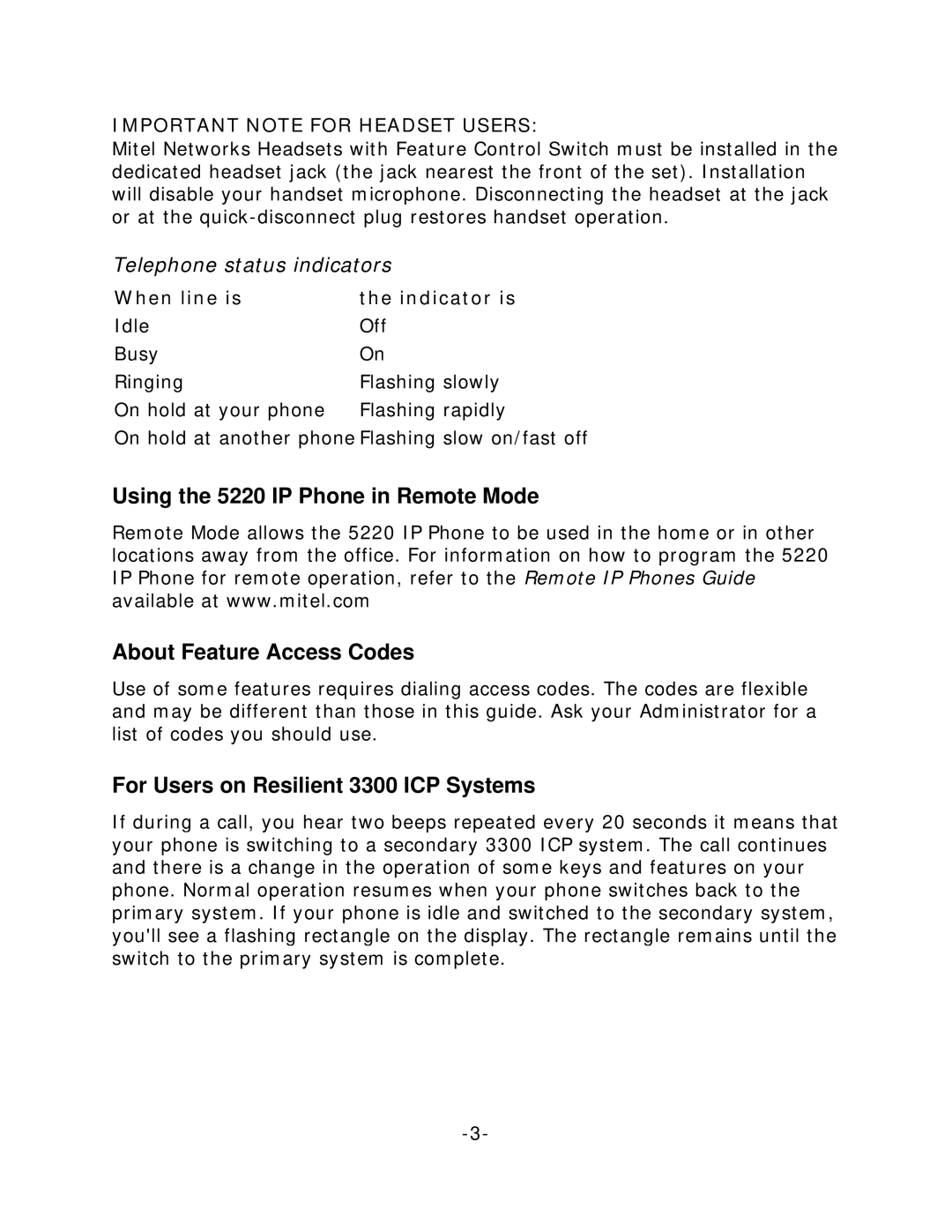 Mitel 5220 manual For Users on Resilient 3300 ICP Systems, Telephone status indicators 