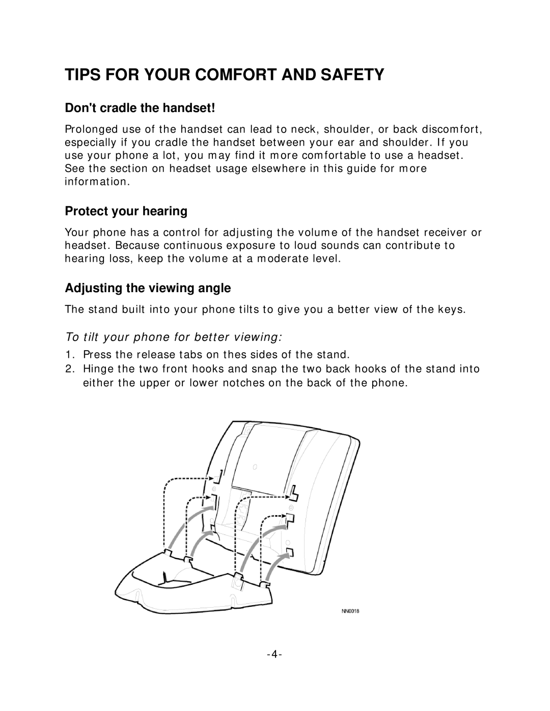 Mitel 5220 Tips for Your Comfort and Safety, Dont cradle the handset, Protect your hearing, Adjusting the viewing angle 