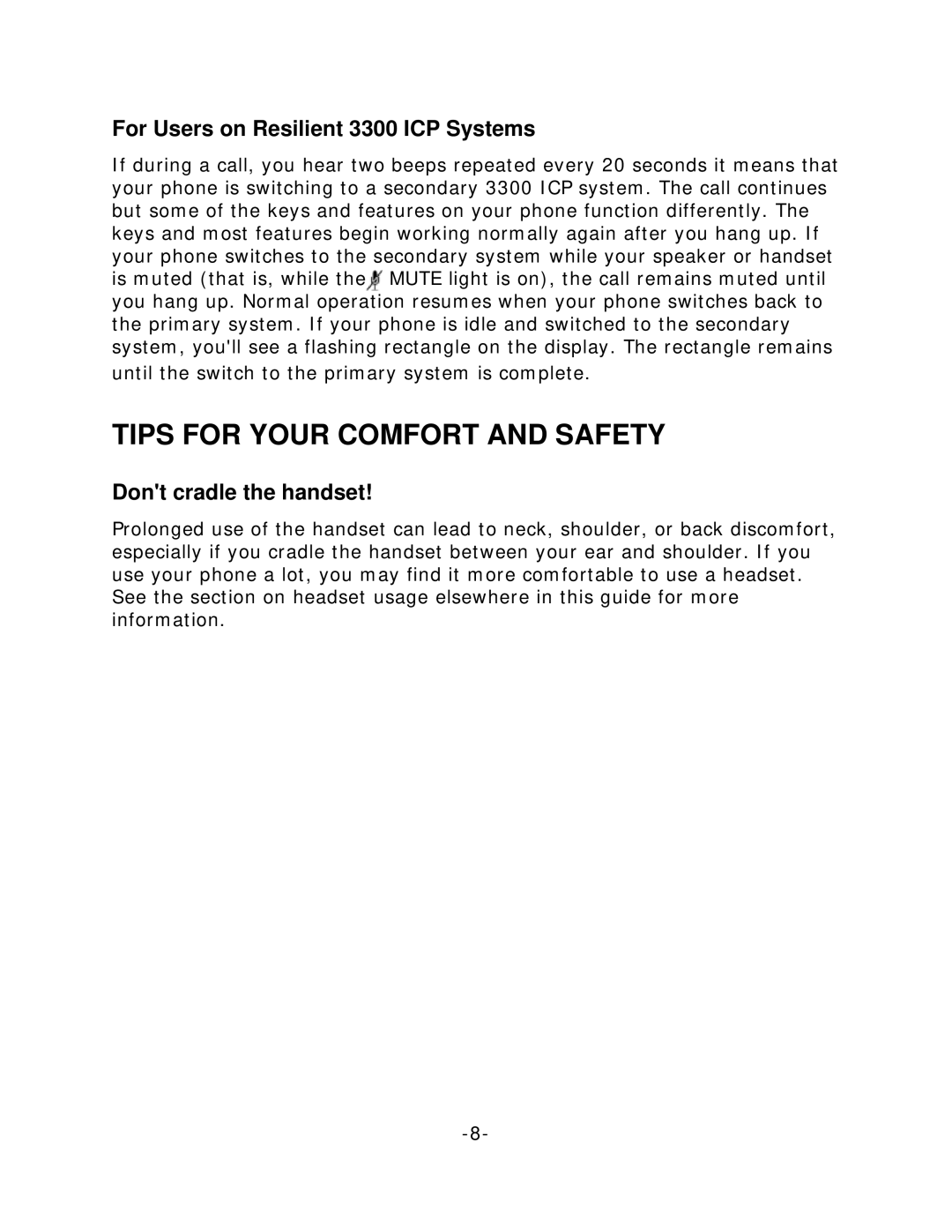 Mitel 5212, 5224 manual Tips for Your Comfort and Safety, For Users on Resilient 3300 ICP Systems, Dont cradle the handset 