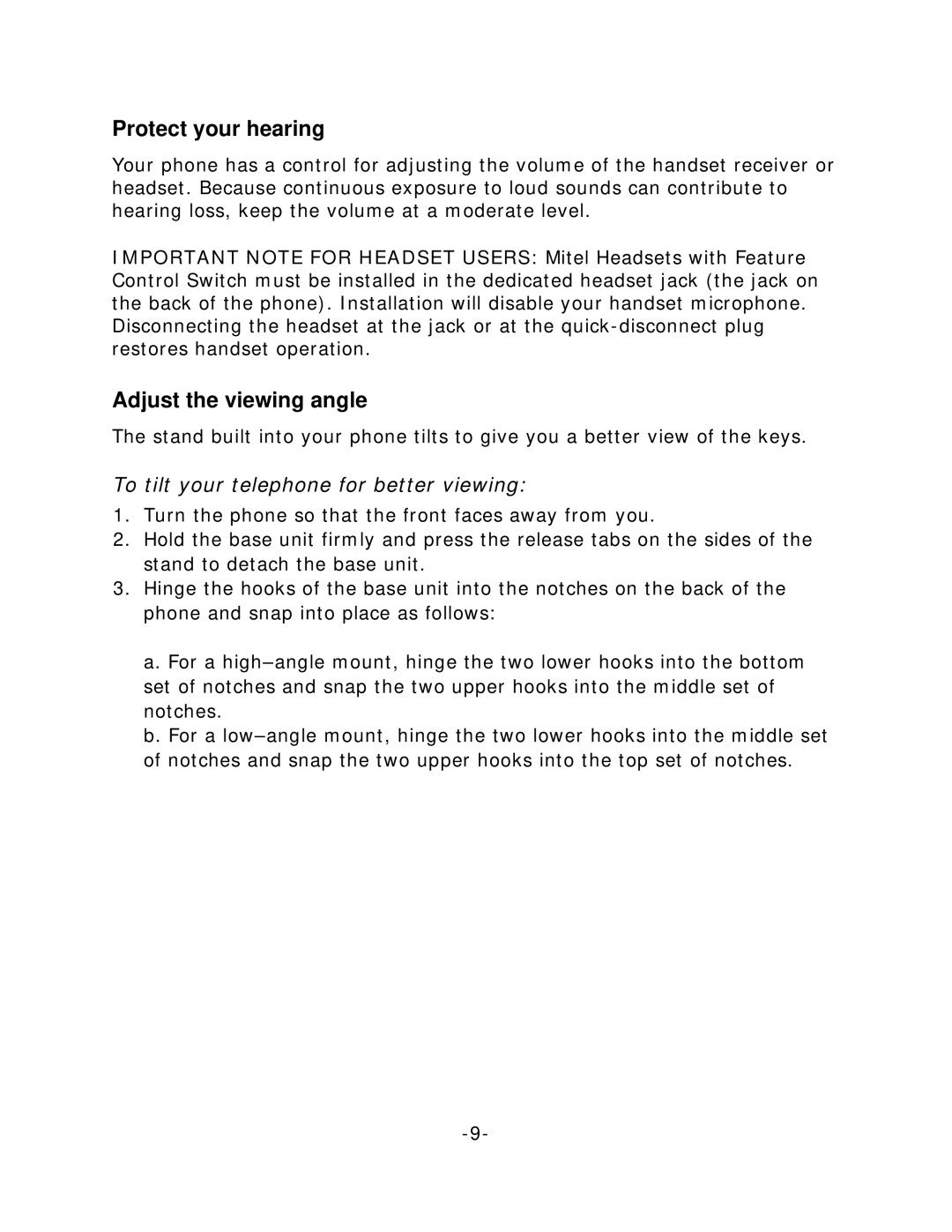 Mitel 5224, 5212 manual Protect your hearing, Adjust the viewing angle, To tilt your telephone for better viewing 