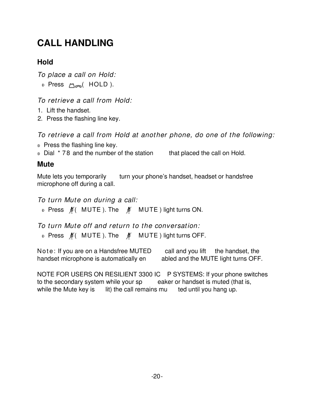 Mitel 5212, 5224 manual Call Handling, Hold, Mute 