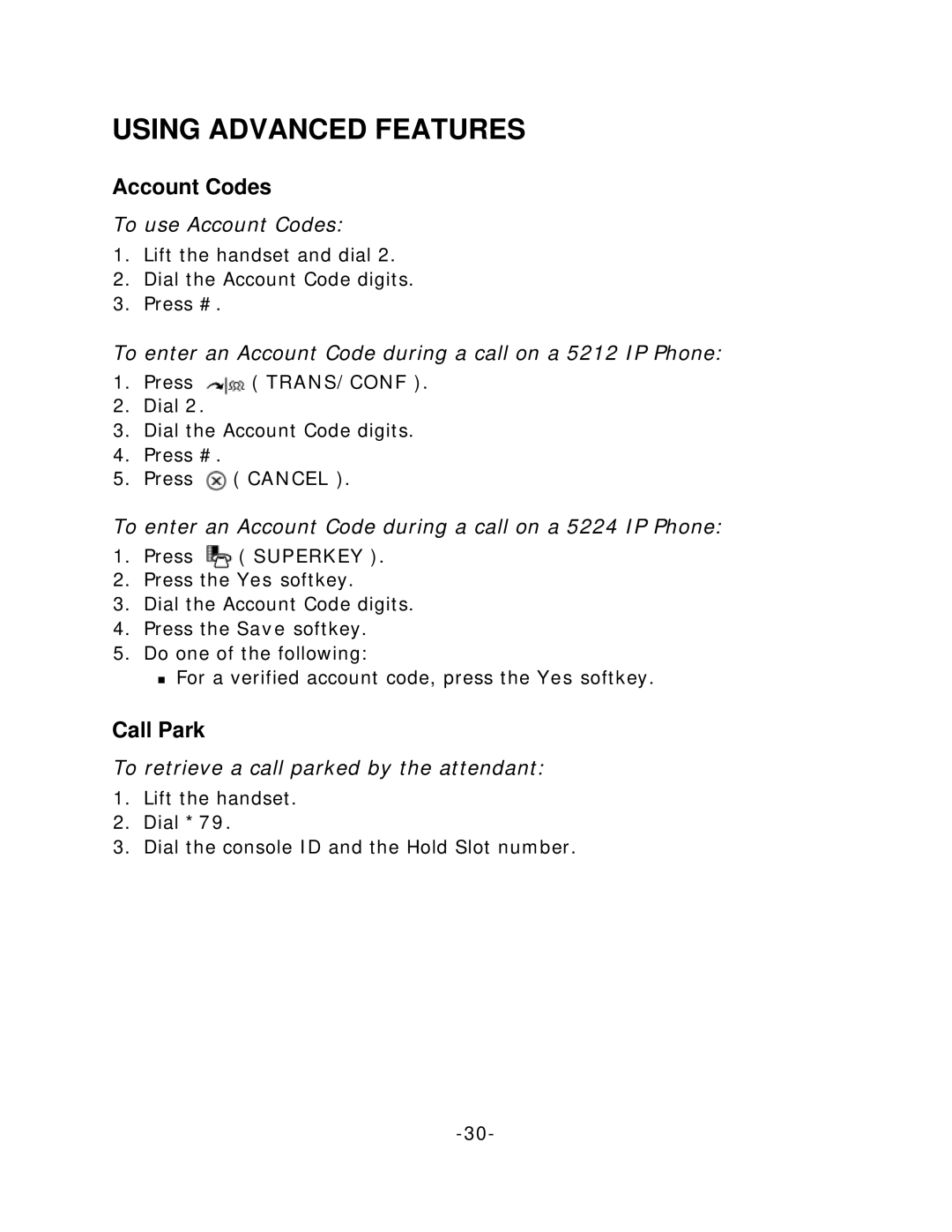 Mitel 5212, 5224 manual Using Advanced Features, Account Codes, Call Park 