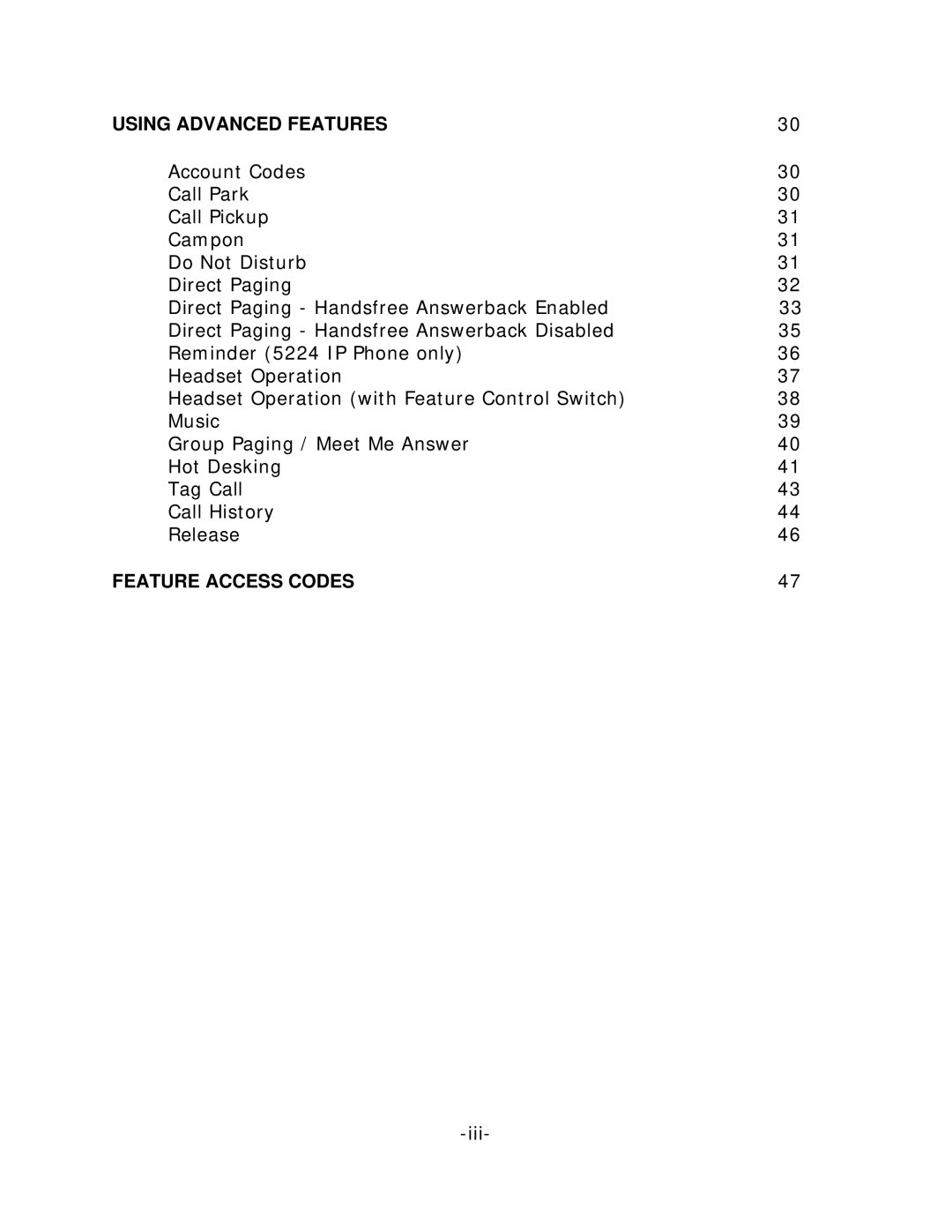 Mitel 5212, 5224 manual Feature Access Codes 