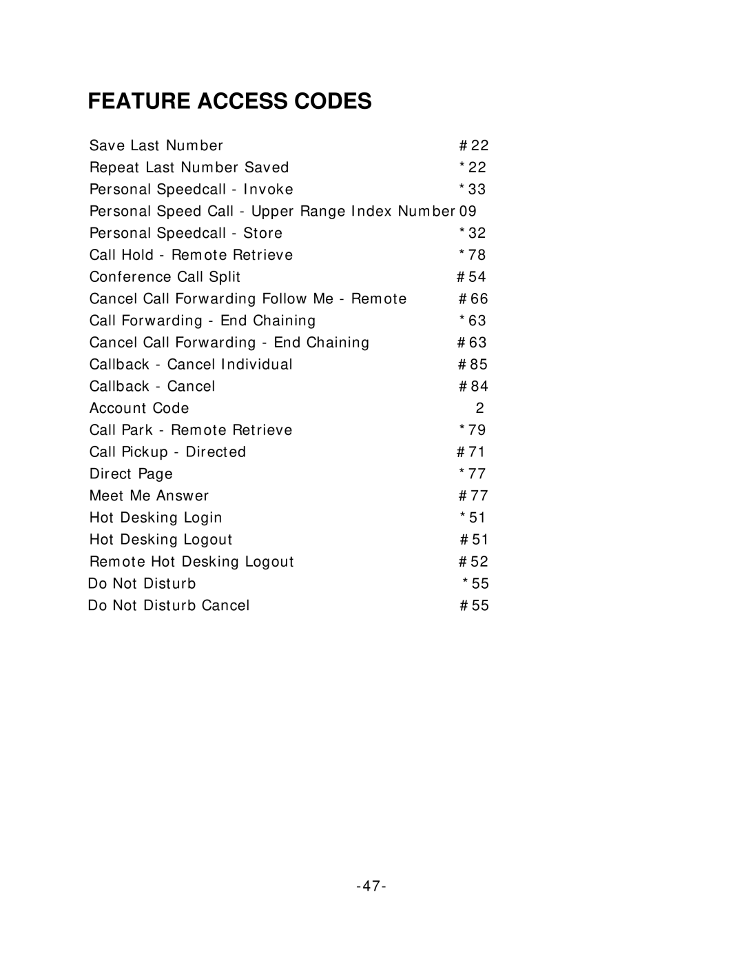 Mitel 5224, 5212 manual Feature Access Codes 