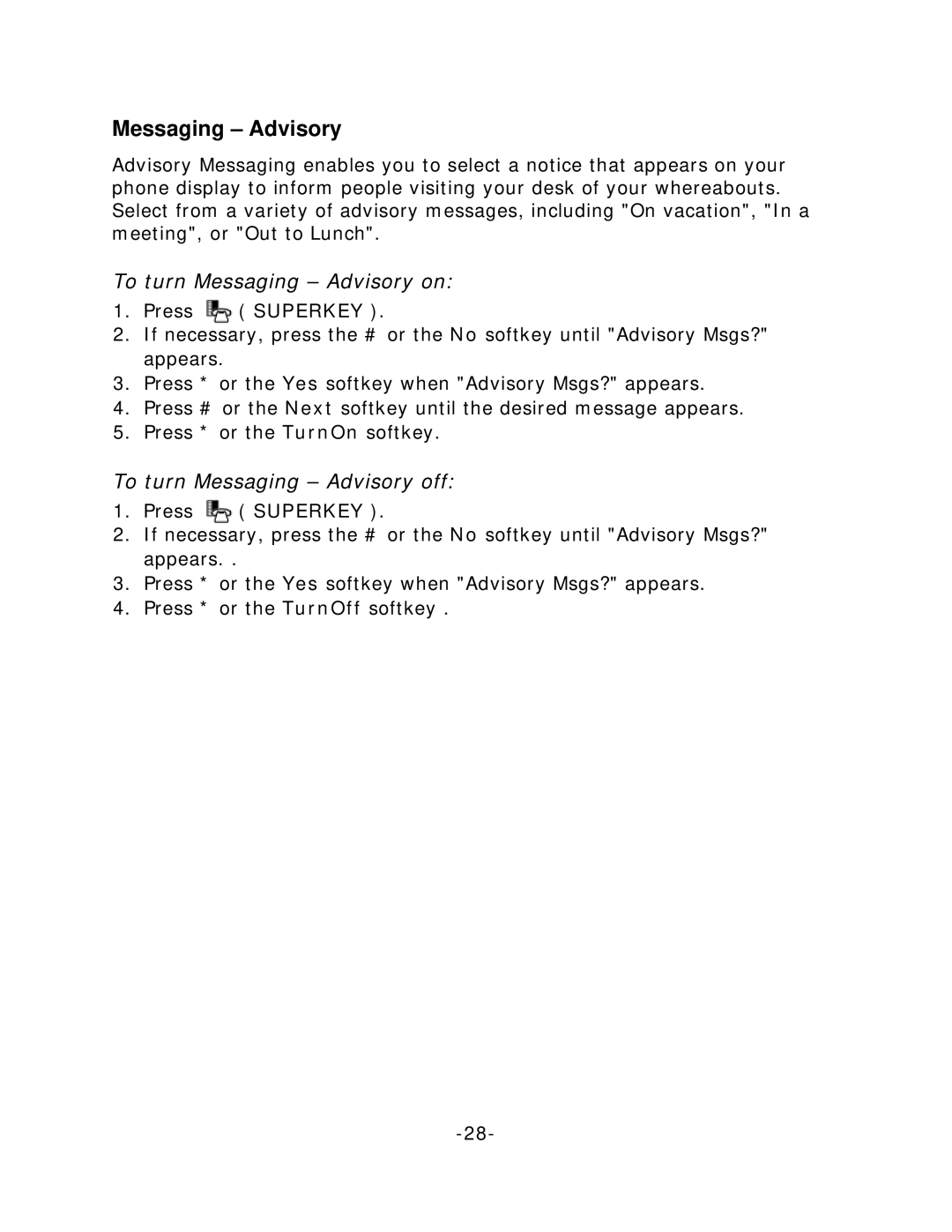 Mitel 5212 IP Phone, 5224 IP Phone manual To turn Messaging Advisory on, To turn Messaging Advisory off 