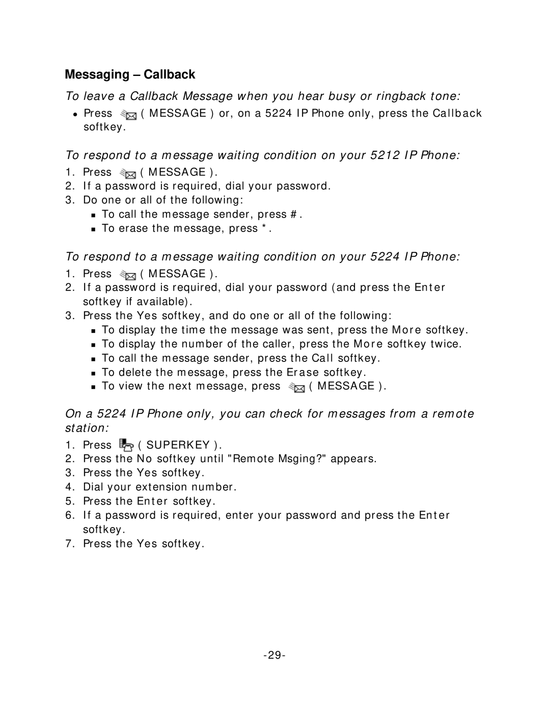 Mitel 5224 IP Phone, 5212 IP Phone manual Messaging Callback 