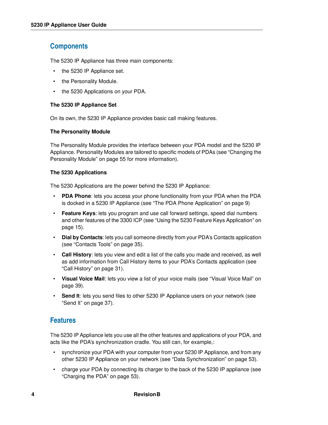 Mitel 5230 manual Components, Features, IP Appliance Set, Personality Module, Applications 