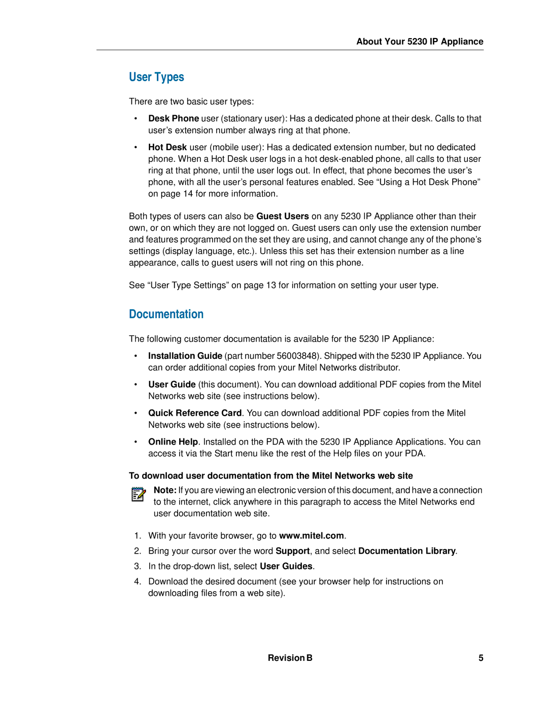 Mitel 5230 manual User Types, Documentation 