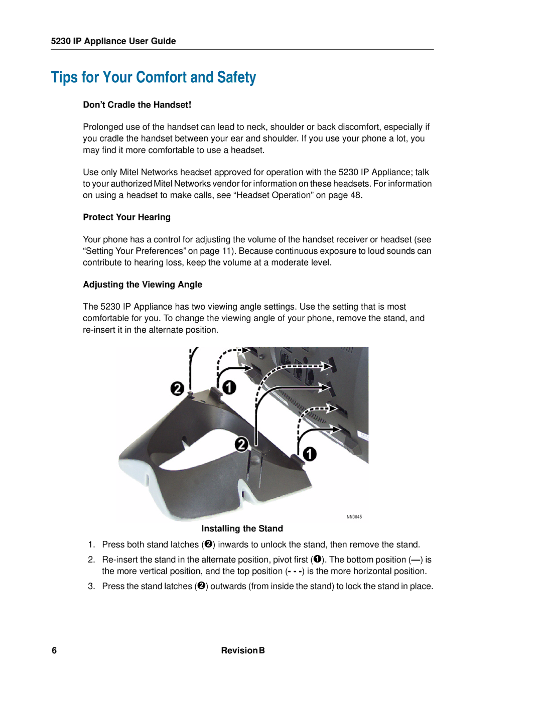 Mitel 5230 Tips for Your Comfort and Safety, Don’t Cradle the Handset, Protect Your Hearing, Adjusting the Viewing Angle 