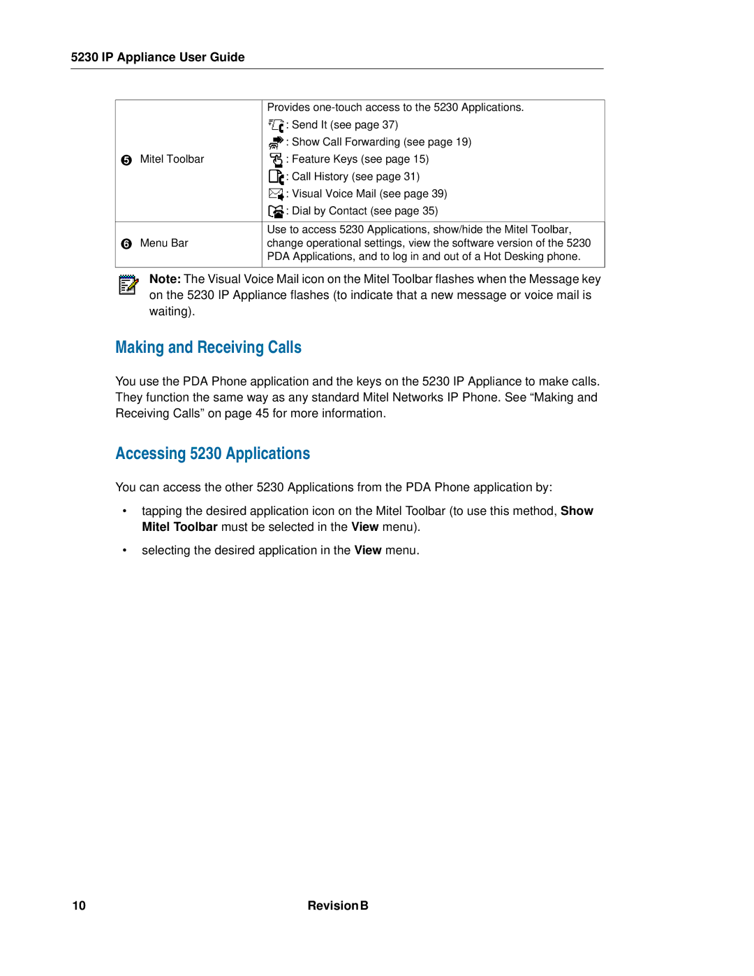 Mitel manual Making and Receiving Calls, Accessing 5230 Applications 