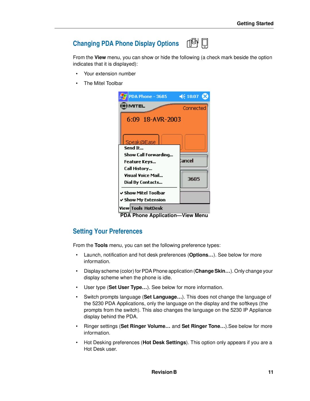 Mitel 5230 manual Changing PDA Phone Display Options, Setting Your Preferences, PDA Phone Application-View Menu 