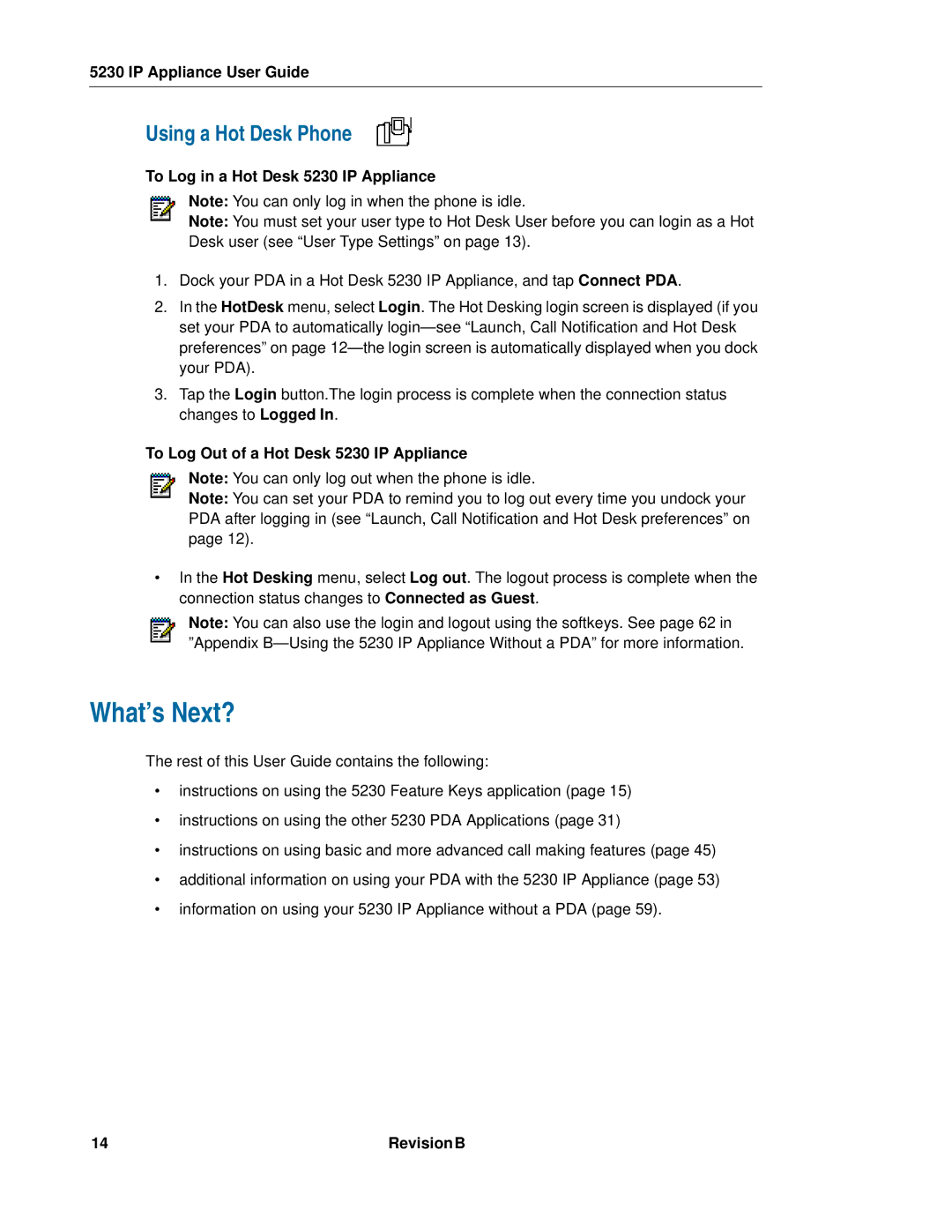 Mitel manual What’s Next?, Using a Hot Desk Phone, To Log in a Hot Desk 5230 IP Appliance 