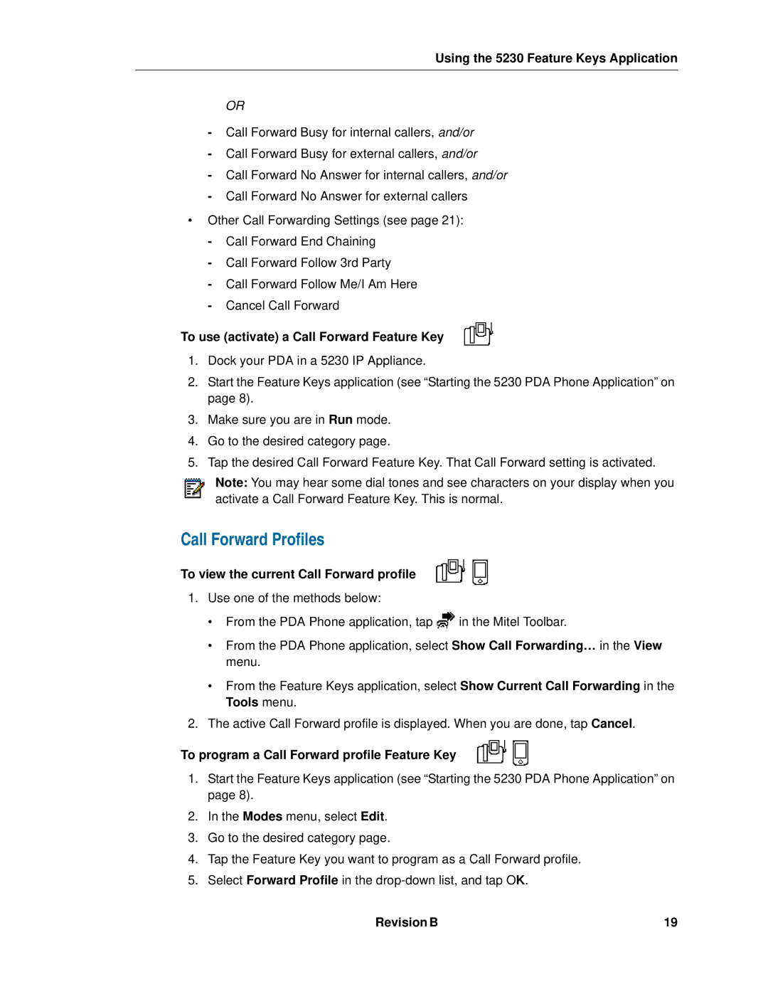 Mitel 5230 Call Forward Profiles, To use activate a Call Forward Feature Key, To view the current Call Forward profile 