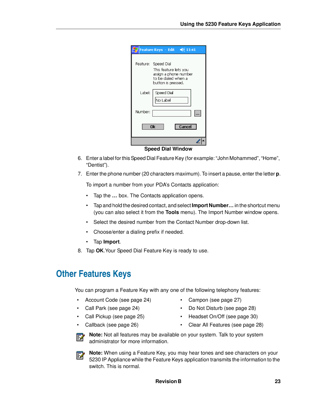 Mitel manual Other Features Keys, Using the 5230 Feature Keys Application Speed Dial Window 