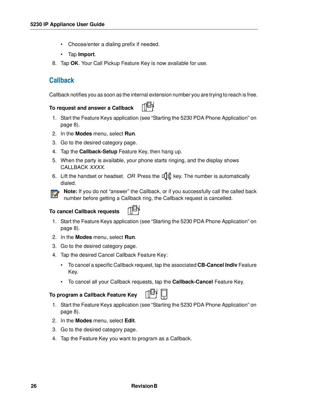 Mitel 5230 manual To request and answer a Callback, To cancel Callback requests, To program a Callback Feature Key 