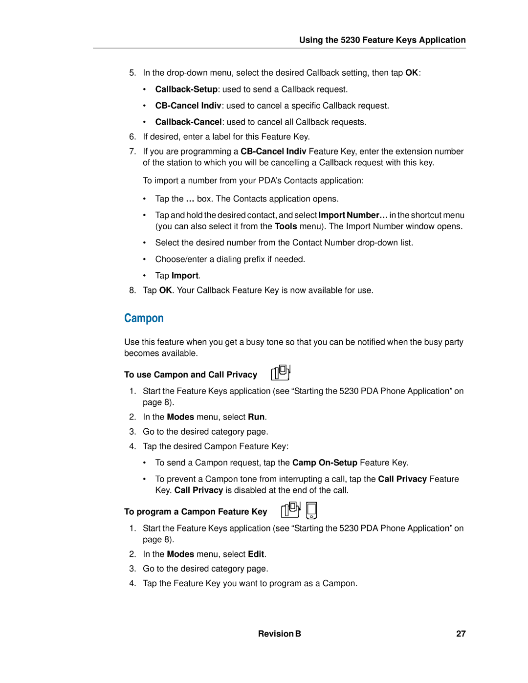 Mitel 5230 manual To use Campon and Call Privacy, To program a Campon Feature Key 