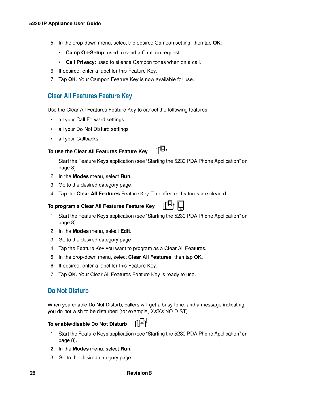 Mitel 5230 Do Not Disturb, To use the Clear All Features Feature Key, To program a Clear All Features Feature Key 